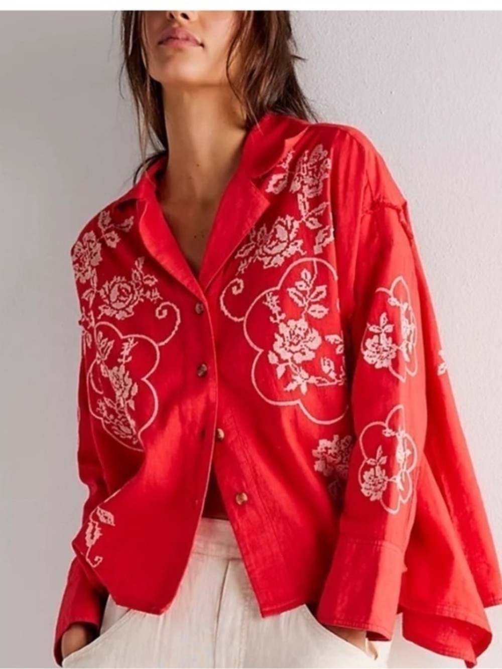 We The Free Cross Stitch Embroidered red  cotton linen blend shirt RARE